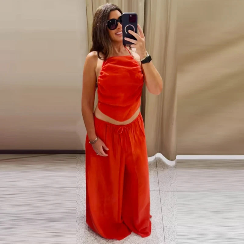 HXAO Red Ruffled Pants Sets Women's Suit Halter Crop Backless Sleeveless Top 2 Piece Set Chic High Waist Baggy Trousers Outfits