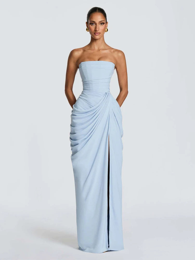 Women Sexy Solid Pleated Strapless Dress Lady Chic Off-shoulder Backless High Waist Split Dresses 2026 Summer Evening Party Gown