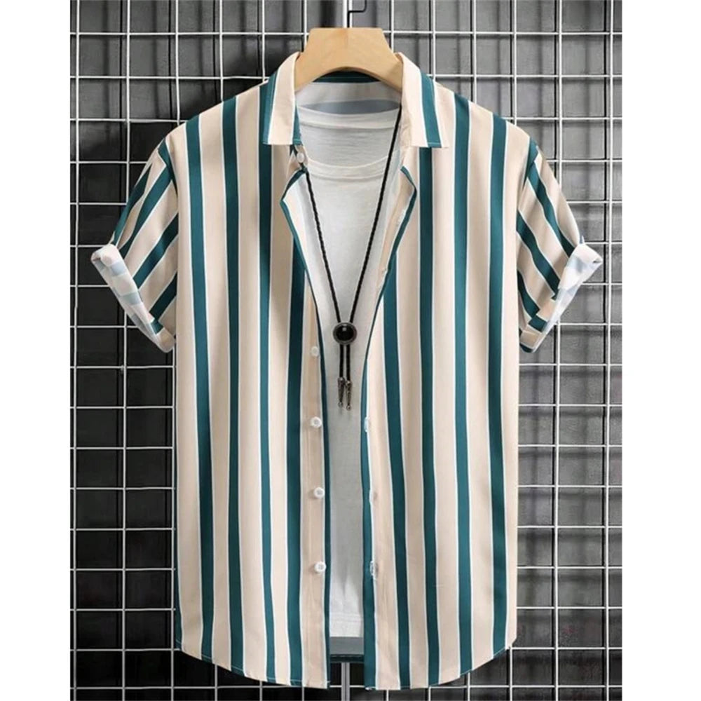 Summer Fashion Striped 3D Print Men's Shirts Basic Graphicsbutton Short Sleeve Lapel Streetwear Hawaiian Blouse Shirts for Men