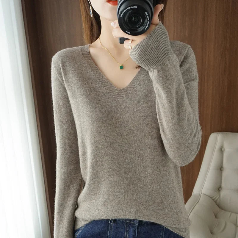 Women's Sweater 2025 Autumn Winter Knitted Pullovers V-neck Slim Fit Bottoming Shirt Solid Soft Knitwear Jumpers Basic Sweaters