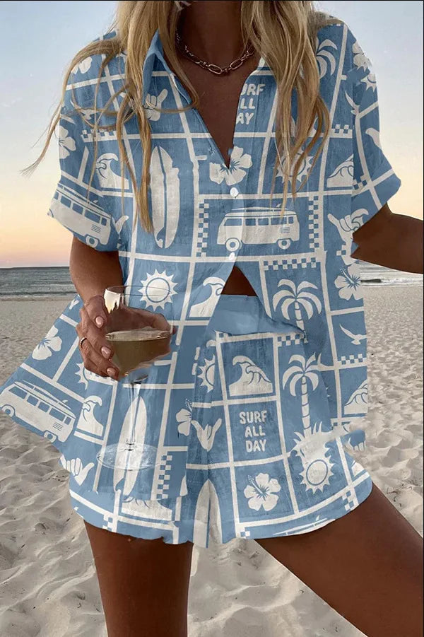 Fashion Print Beach Holiday 2-Piece Set Women Summer Short Sleeve Shirt Top + Wide Legs Short Women's Oversized Two-Piece Outfit