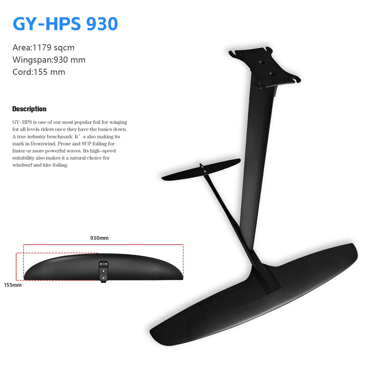 Customizable Carbon Fiber Front Wing, Complete Wind Wing, Outdoor Water Sports Surfing, Factory Price, GY-HPS930, 1179sqcm