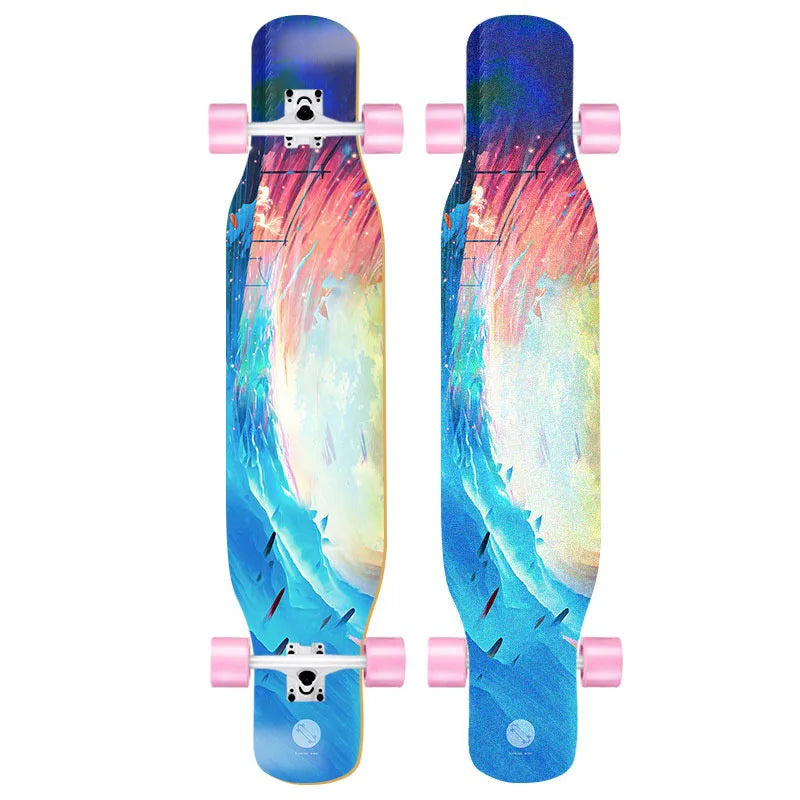 44 Inch Double Kick Dance Longboard 7-Layer Maple Wood Double Sided Graphic Complete Skate Deck All Ages Amateur Professional Ri