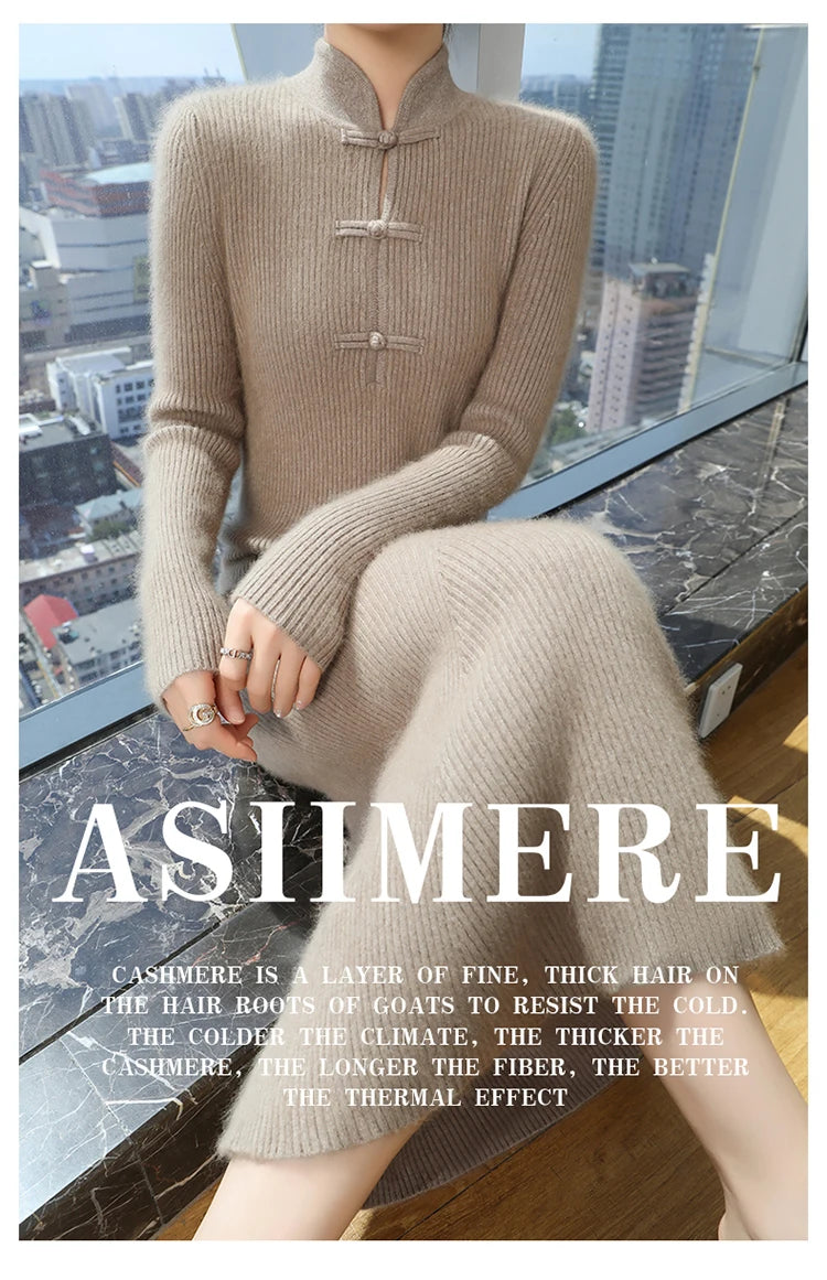 100% Mink Cashmere Knitted Dress Ladies Stand Collar Buckle Long Skirts Retro High Waist Over Knee Slim Dress New Thick Sweater