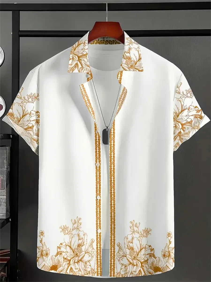 New Summer Men's Shirt with Blue and White Porcelain Floral Print, Short-Sleeve Shirt, Casual Loose-Fitting Lapel Hawaiian Shirt