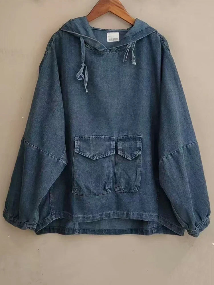 Amax LuluE Designer Winter Fashion Clothes Womens Loose Hooded Denim Hoodies Ladies Classic Oversized Vintage Casual Sweatshirts