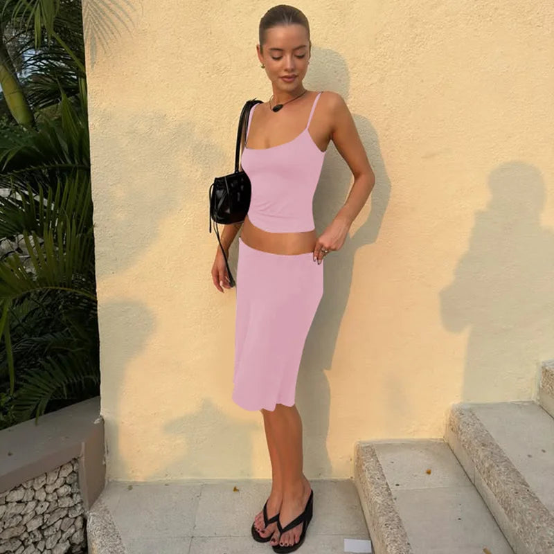 Hugcitar Casual 2 Piece Sets Solid Slips Backless Sexy Crop Camis Top Midi Skirt Women Summer Outfits Party Holiday Club