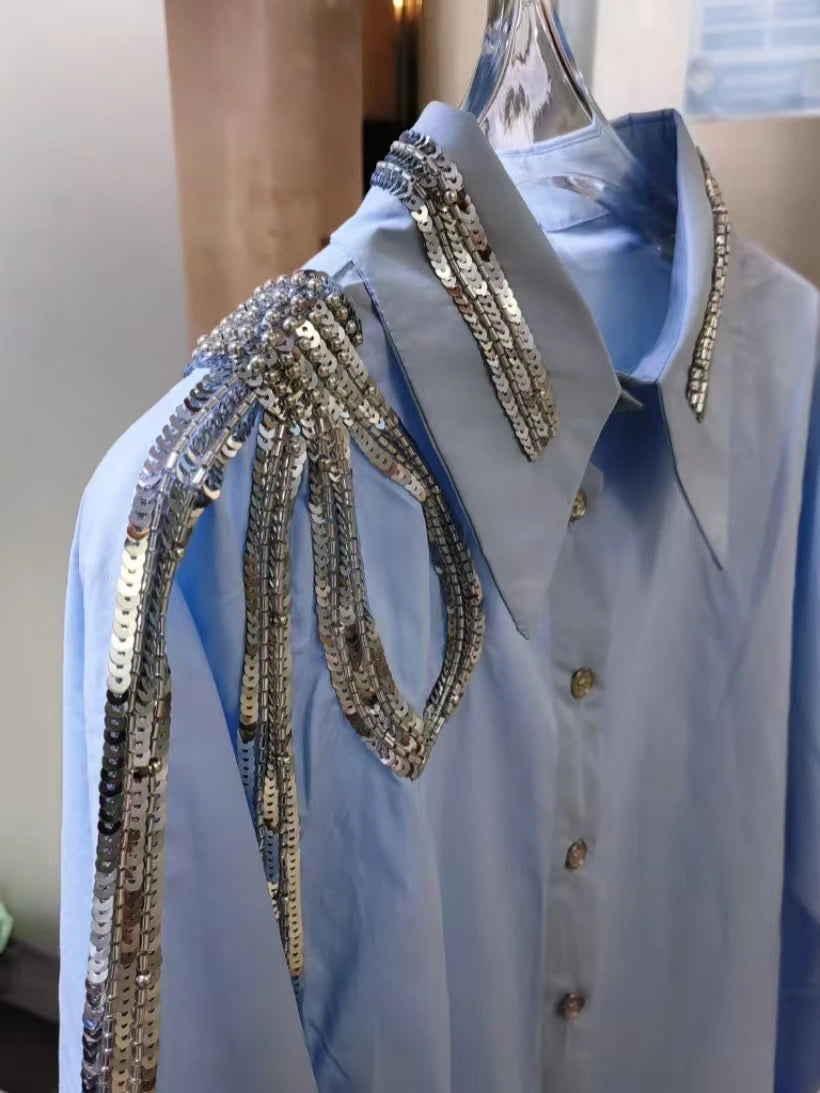 Luxury Brand Design Sequins Embroidery Cotton Blouses Shirts Women for 2025 Autumn Trend Long Sleeve Blue Tops Woman Clothes