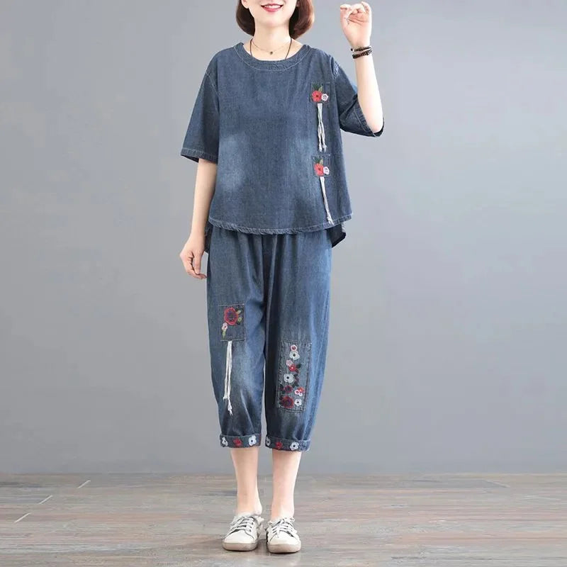 Women Denim Set Female Jeans Two Piece Set 2025 New Spring Summer Thin Korean Loose Cowboy Pants 2 Piece Set Large Size 2PCS