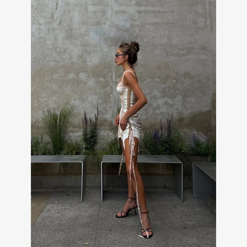 Women Satin Dress Sexy Lace Fishbone Waist Slim Fit Hollowed Out Irregular Short Suspender 2026 Summer Party Street Daily Outfit