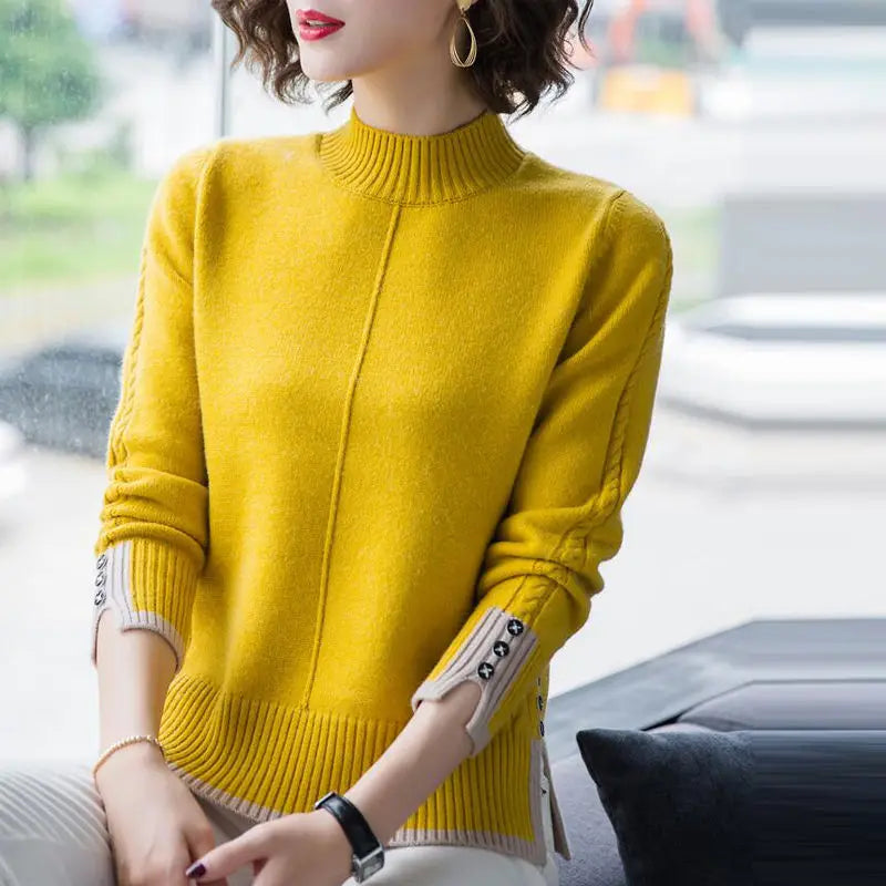 Stylish Stand Collar Button Knitted Spliced Korean Sweater Women's Clothing 2022 Autumn New  Casual pullovers Loose Commute Tops
