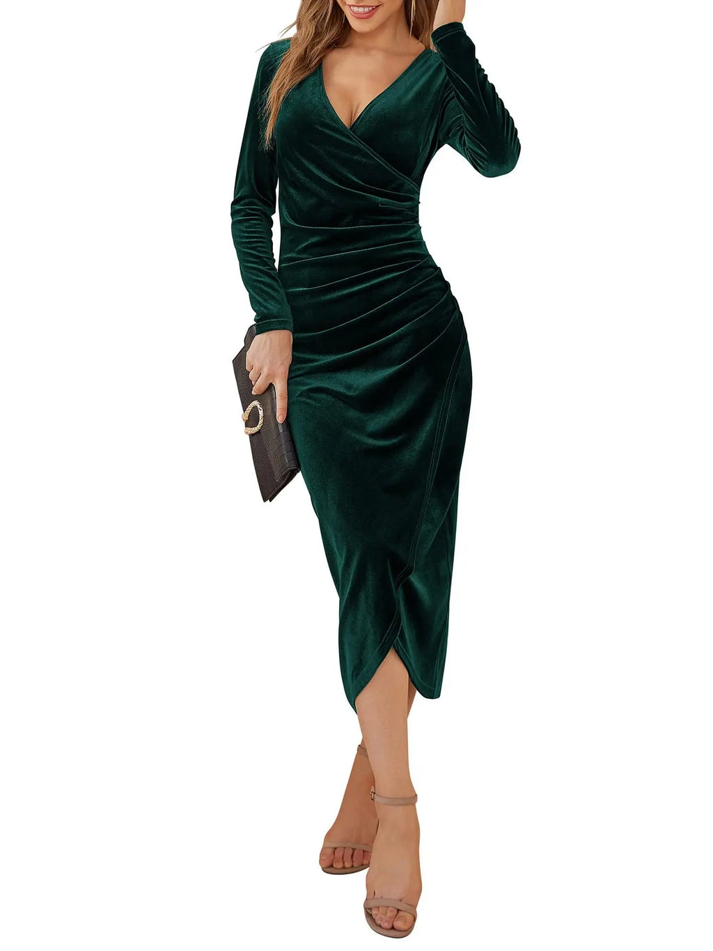 Sexy Woman Solid Color Long Sleeved Party Club Vestidos Autumn Fashion Women's V-neck Bag Hip Irregular Medium Long Dresses