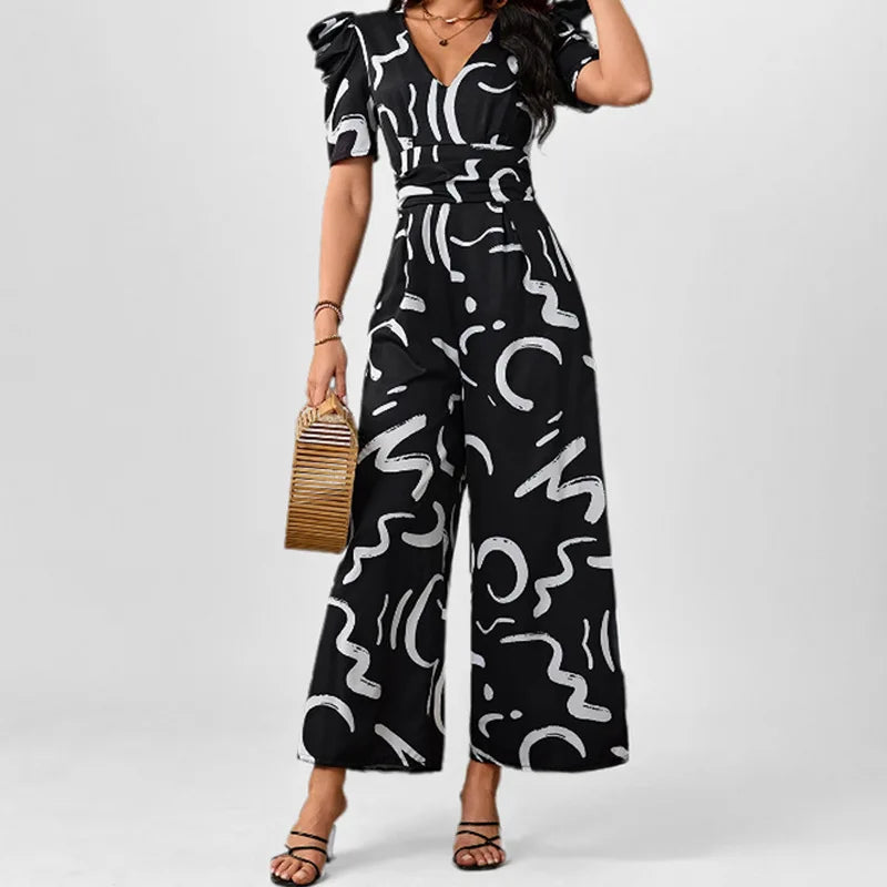 2026 spring new short-sleeved V-neck printed temperament elegant commuter style high waist wide leg jumpsuit