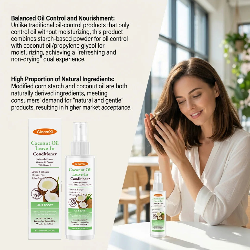 Gleamxi Coconut Oil Leave-In Conditioner Spray Softens Detangles Dry Tangled Minimizes Frizz Boosts Shine Hair Care Product