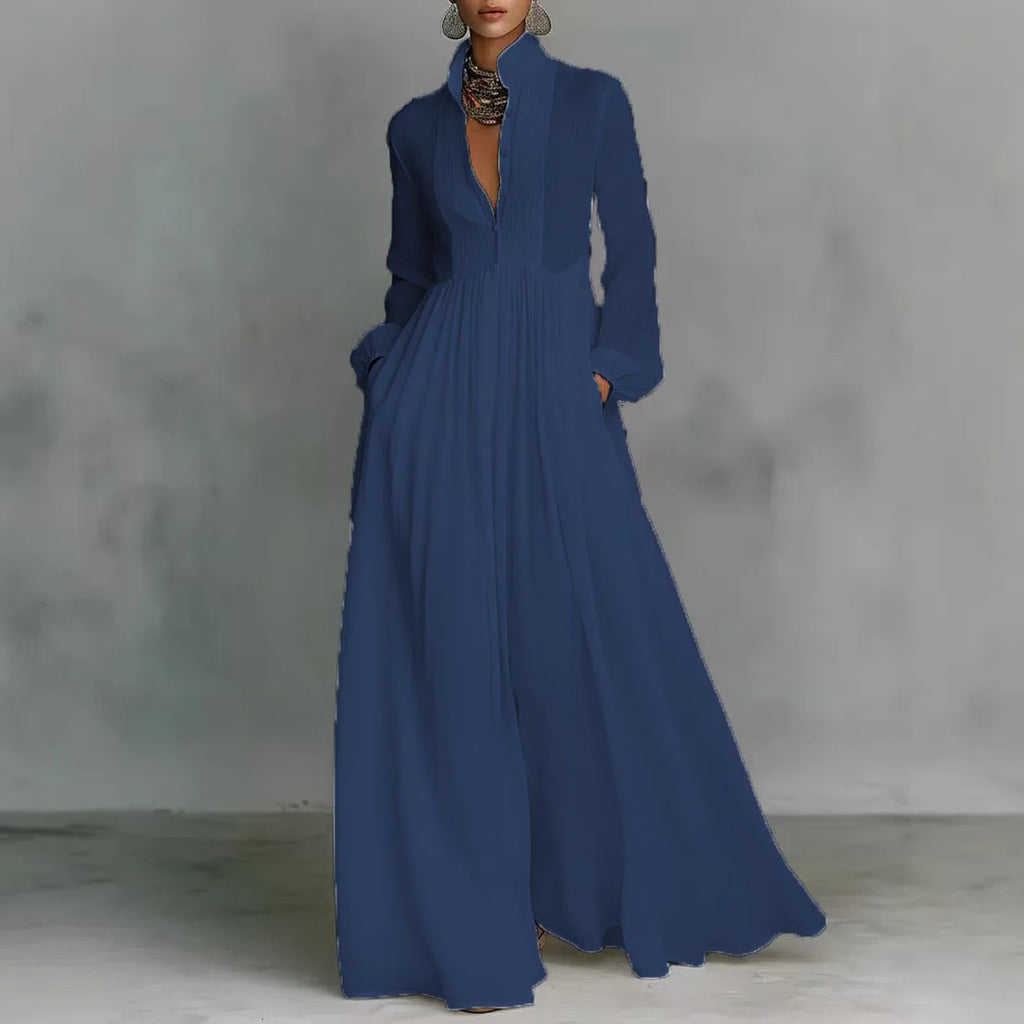 Elegant High Waist Swing Long Dress Woman Spring Solid Pockets Pleated Maxi Dress Spring Autumn Long Sleeve Button Evening Dress