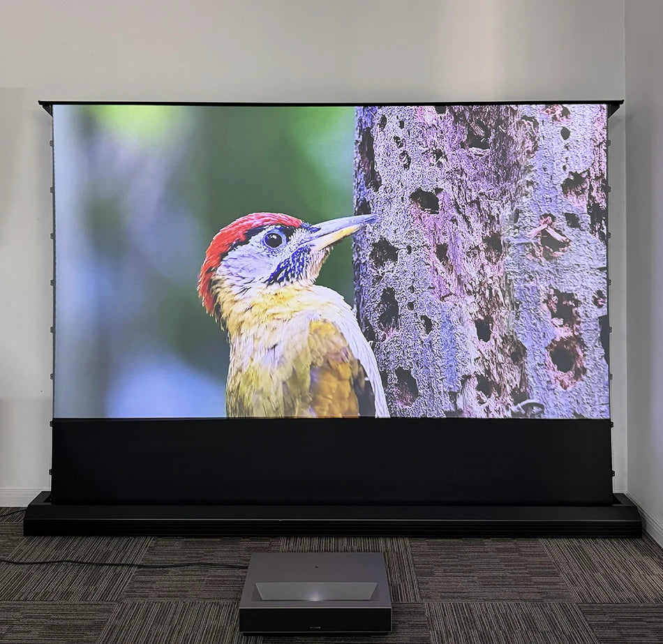 Motorized Floor Rising CLR Projection Screen Tab Tension 92 100 Inch Ambient Light Rejecting Electric for UST Projectors 3D 8K