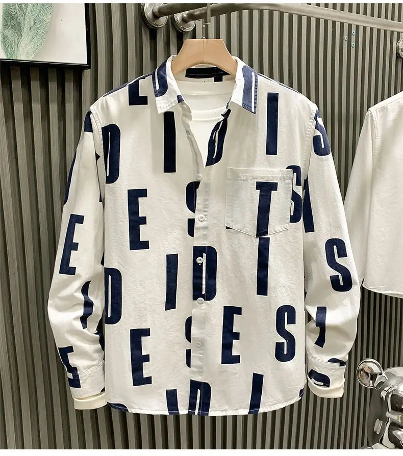 Men Clothing Spring Autumn Trendy Vintage Letter Print Lapel Shirt Simple Casual Long Sleeve Pocket Loose Tops Camisa Masculina