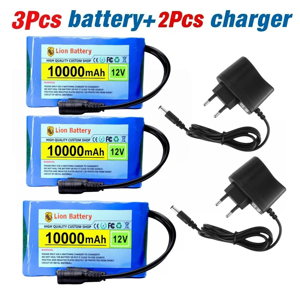 Original New Portable 12V Battery,10000mAh Rechargeable Lithium-ion 18650 Battery Pack, DC 12.6V Charger, CCTV Audio Amplifier