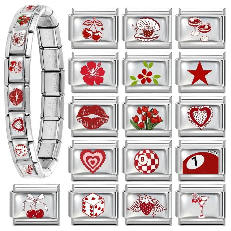 Fashion Red Series Heart Flower Bowknot Cherry Women Men Charm Link fit 9mm Stainless Steel Italian Bracelet Making DIY Jewelry