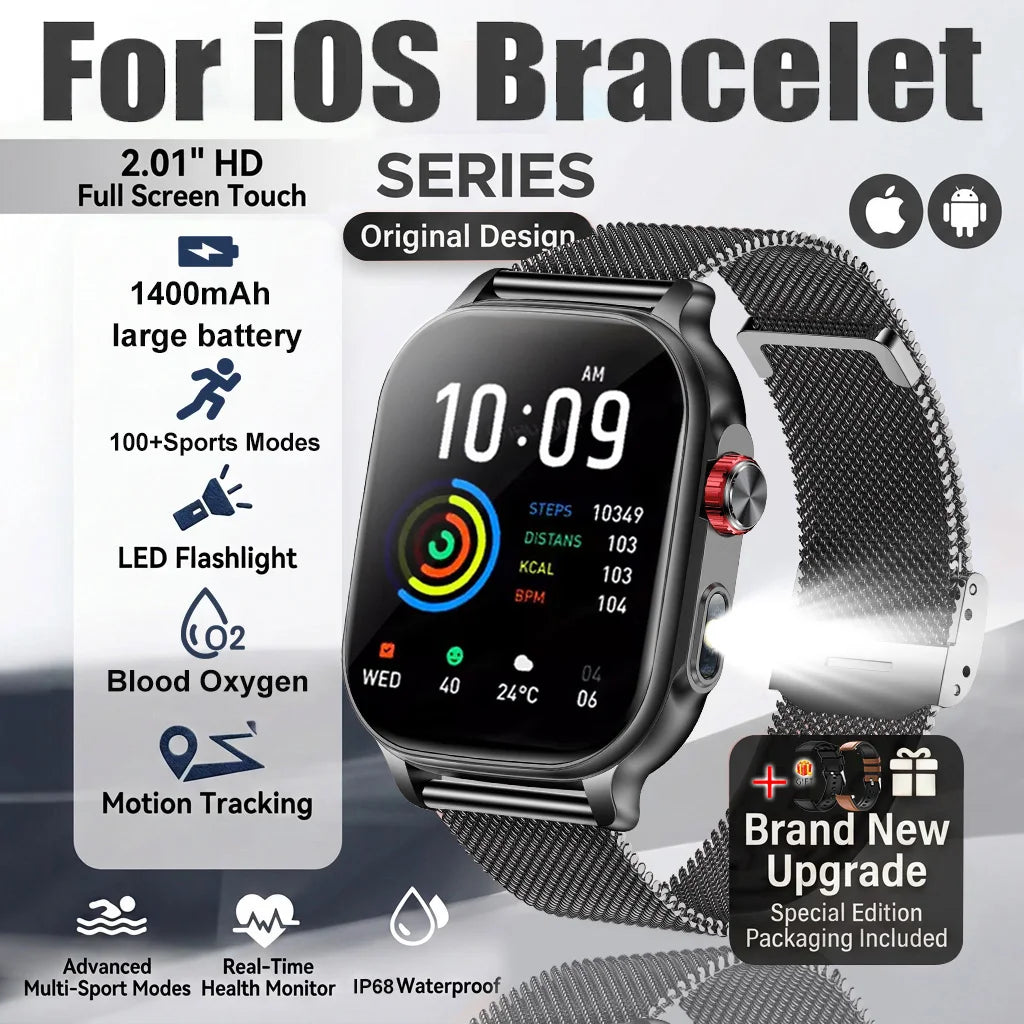 New1400mAh Military Grade Smart Watch 600 hours Battery Life 5ATM Waterproof BT Call Alert LED Flashlight 100+Sports Watches Men