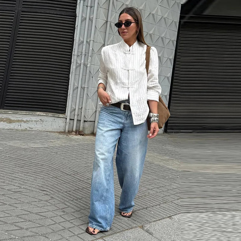 Loose Women's Frog Buttons Mandarin Shirts See Through Stand Collar Full Sleeve Blouses 2026 Summer Lady Cotton Linen Outwear