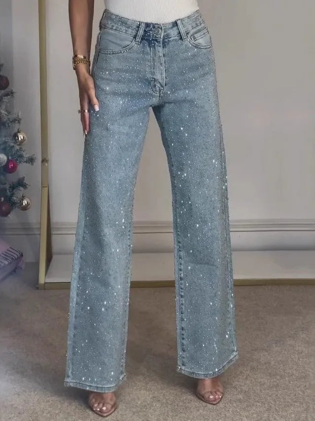 Sexy High Waist Straight Leg Women's Jeans Diamond Washed Cotton Blend Long Pants Trendy Fashionable Ladies Premium Denim
