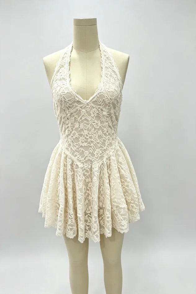 Ivory White Halter‑Neck Lace Mini Dress Women Deep V‑Neck Backless Fitted Waist Flared Hem Vestido Birthday Date Holiday Gown