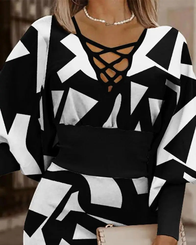 Elegant Women's Maze Printed Long Sleeved Slim Fit Dress 2024 Fashionable Woman Hollowed Out V-neck Cinched Party Club Vestiods