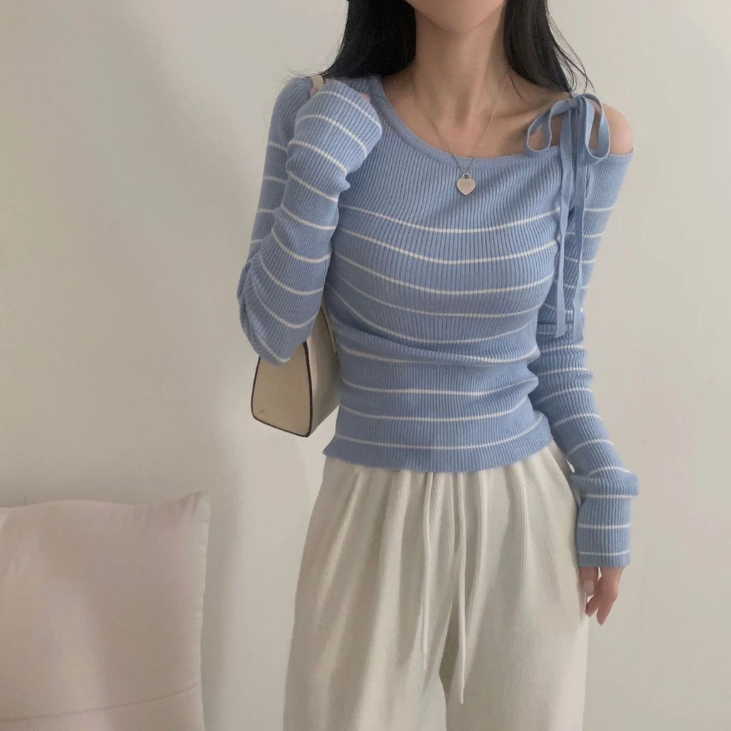 2026 New Women's Elegant Off-Shoulder Sweater T-Shirt Black White Striped with Adjustable Lace-Up Fall Winter Casual Chic Top