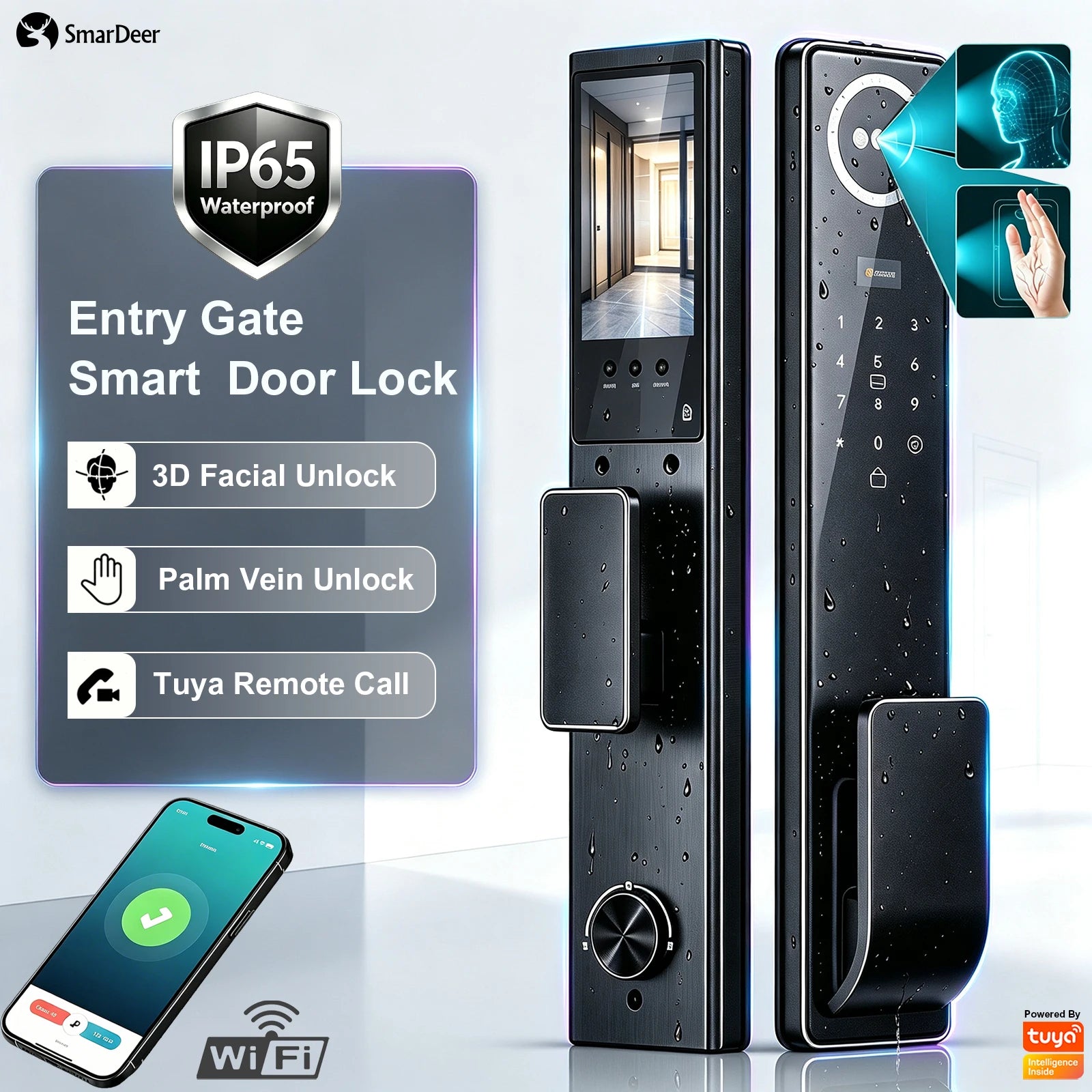 3D Face & Palm Vein Smart Door Lock IP65 Waterproof Tuya Video Call Biometric Fingerprint Electronic Lock for Home Front Door