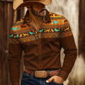 Men's 3D Geometric Indian Pattern Long Sleeve Shirt,Polyester Slim Fit, Retro Style Casual Wear,2025 Autumn Winter Trendy Blouse