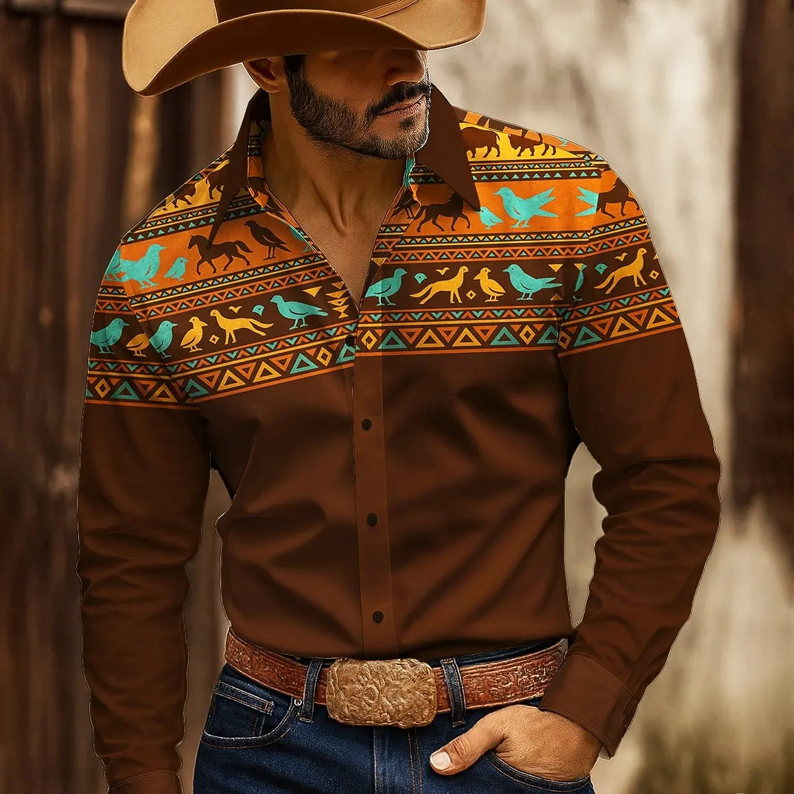 Men's 3D Geometric Indian Pattern Long Sleeve Shirt,Polyester Slim Fit, Retro Style Casual Wear,2025 Autumn Winter Trendy Blouse