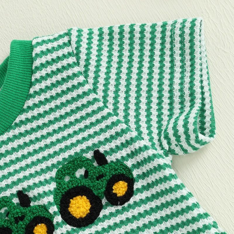 Newborn Baby Romper Summer Crewneck Romper Clothing Waffle Truck Embroidery Stripe Jumpsuits Toddler Infant Boys Girl Playsuit
