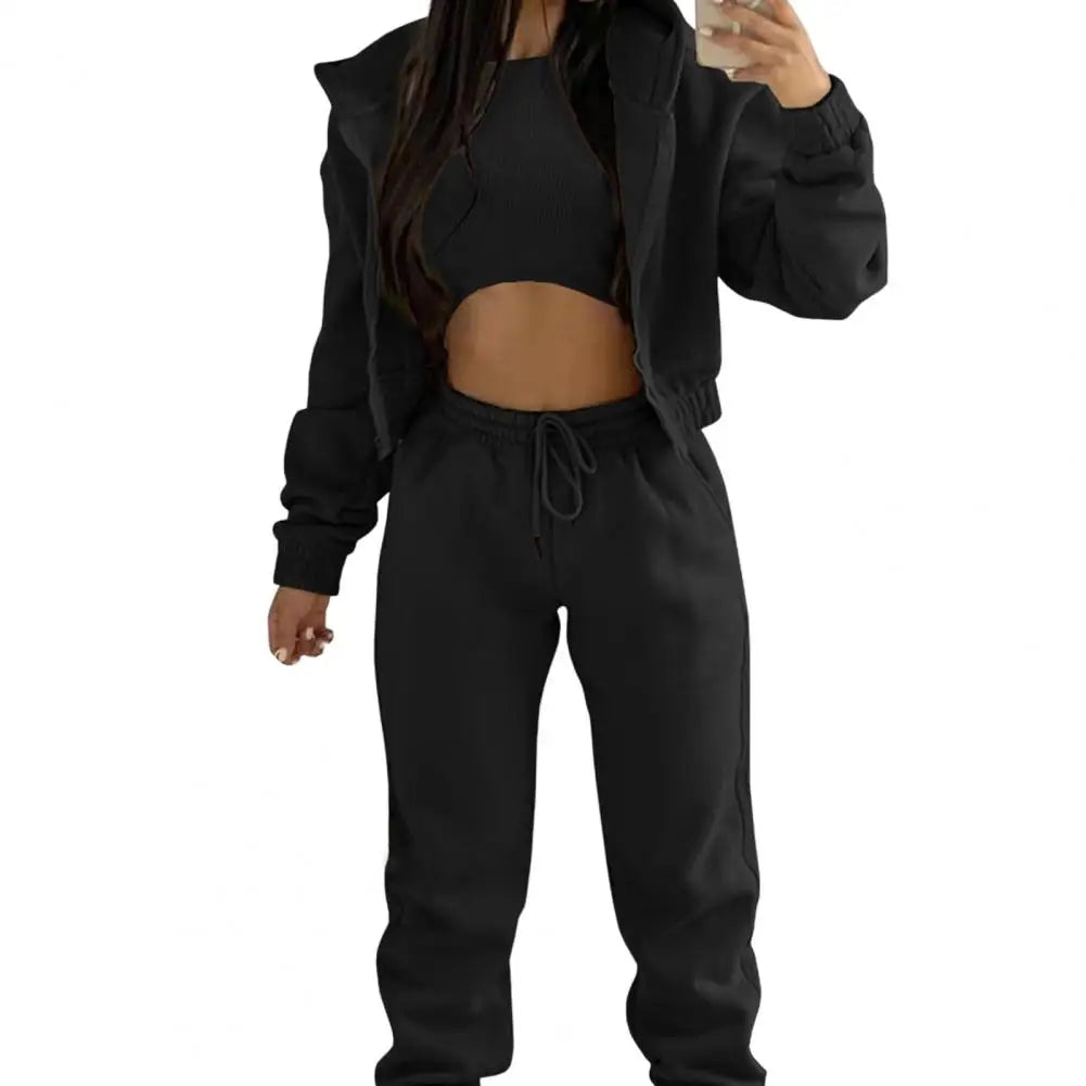 Autumn Winter Outfit Women Polyester Outfit Set 3 Piece Women’s Sweatsuit Set Fleece Zip-up Hoodie Jogger Sweatpants for Fall
