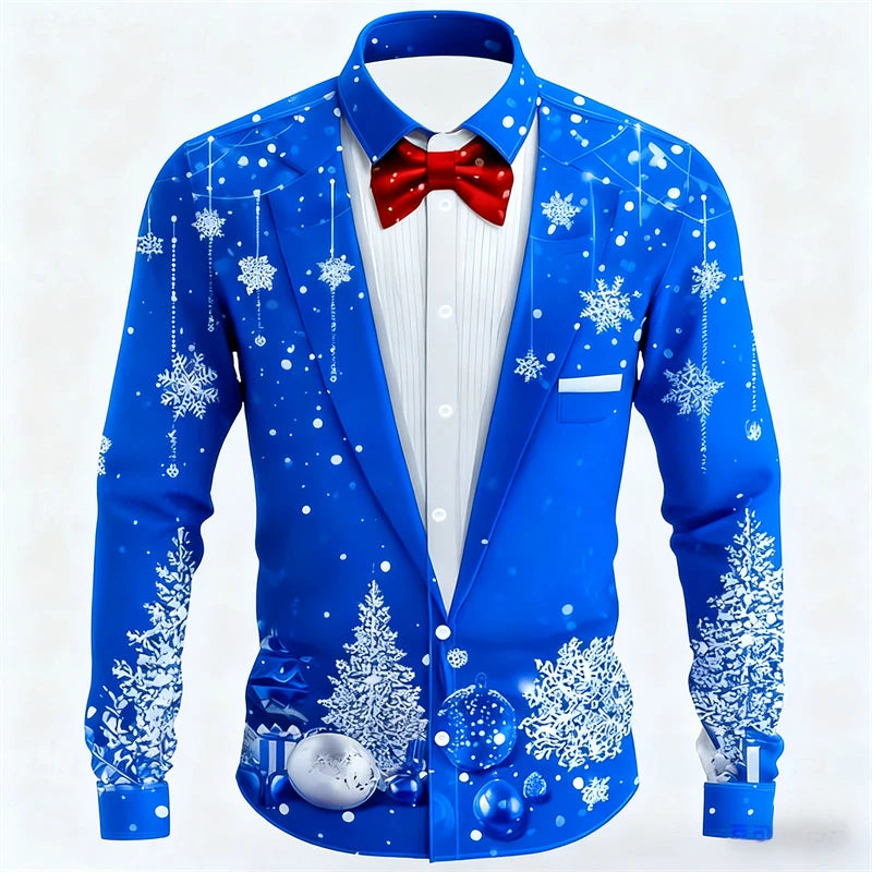 Red Christmas Shirts For Man Snowflake Bow Tie Christmas Shirt Long Sleeve Fashion Holiday Gift Shirt Oversized Mens Clothing