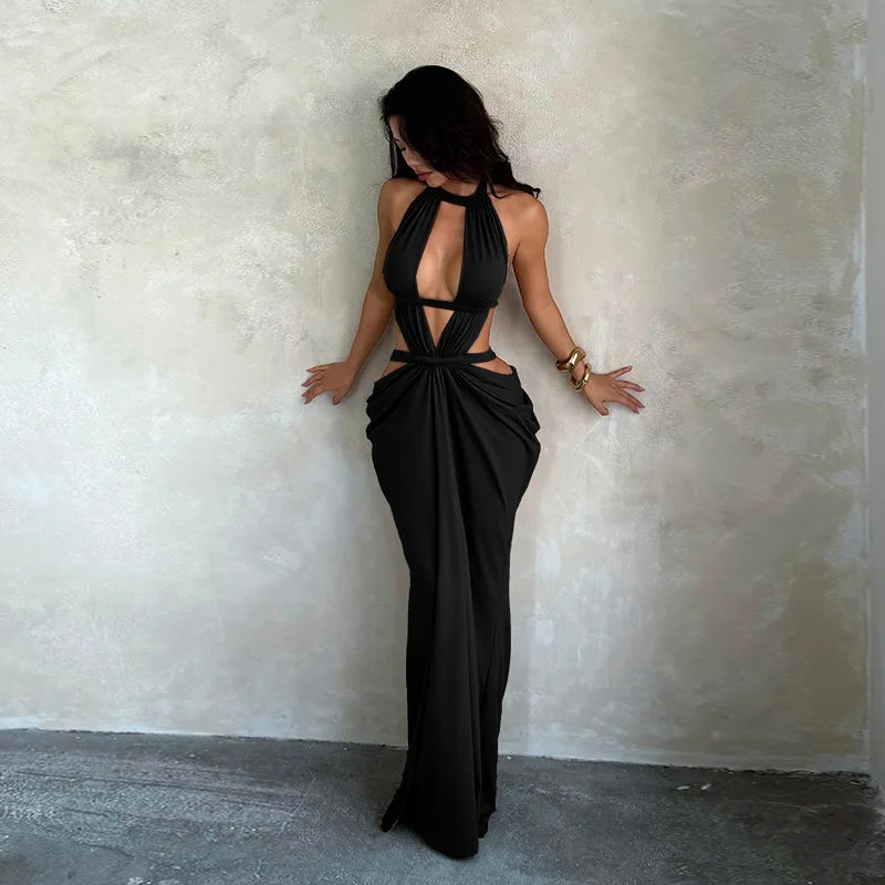 Halter Cut-Out Draped Super-Cut Back Bare Elegant Party Maxi Dress Waistless Backless Sleeveless Khaki Evening Prom Long Dress