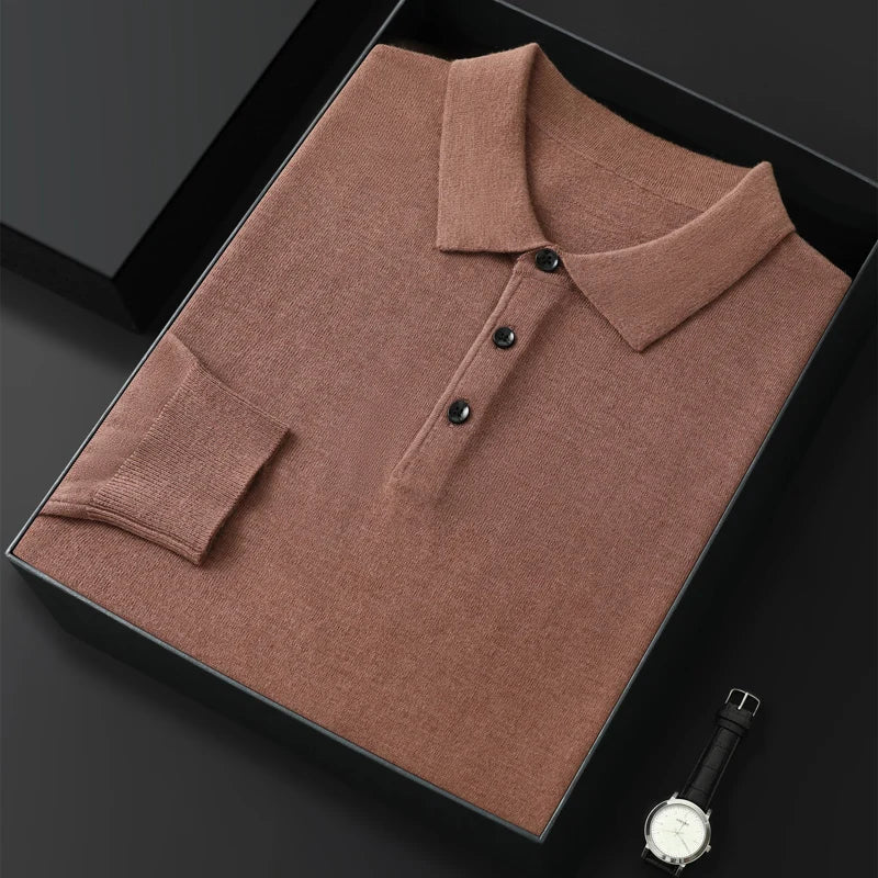 Men's Worsted Wool Kknit Pullover, Business Casual Polo Neck Sweater, Monochromatic Loose Top, Autumn and Winter Fashion, New