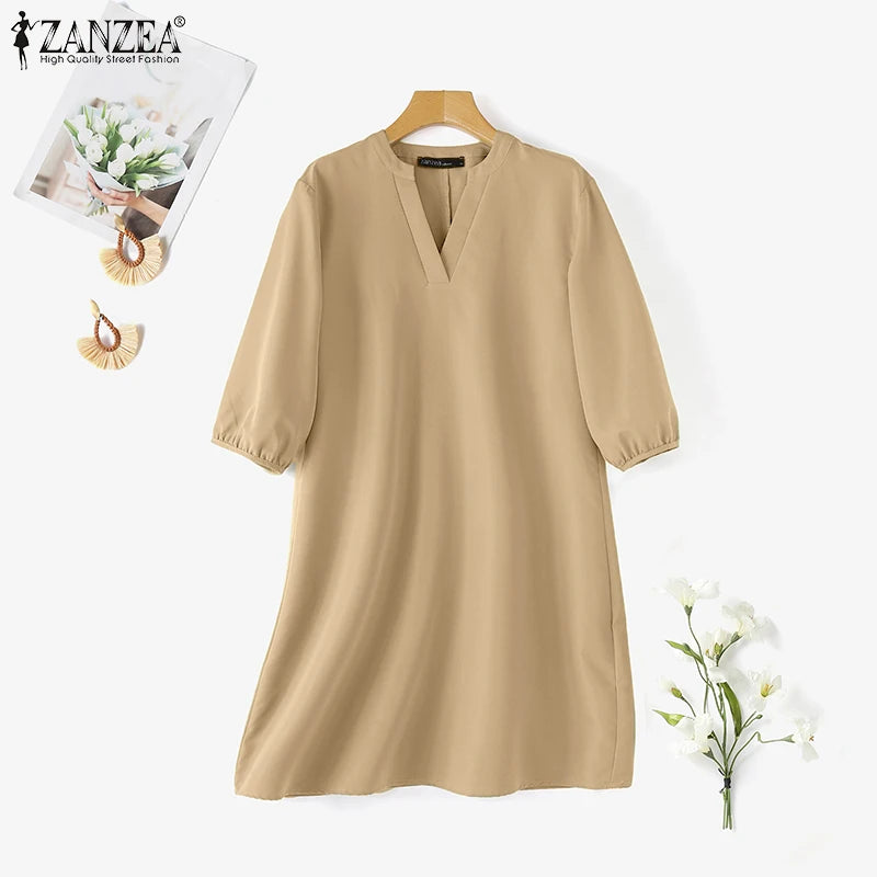 2025 ZANZEA Fashion Women V Neck 3/4 Sleeve Dress Autumn Sundress Elegant Solid OL Work Dresses Casual A Line Loose Vestido Robe