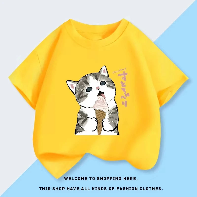 2026 New Mofusand Cat Girl's Clothing Short Sleeved T-shirt Baby Pure Cotton Top Summer New Clothes Children's Base Shirt