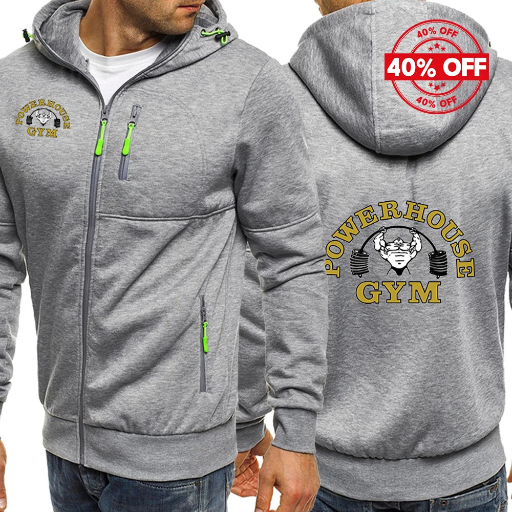 2025 Hoodies Hooded Spring Autumn Man's Jacket Long Sleeve Zipper Design Powerhouse Gym Logo Logo Print Slim Fit Casual Coat