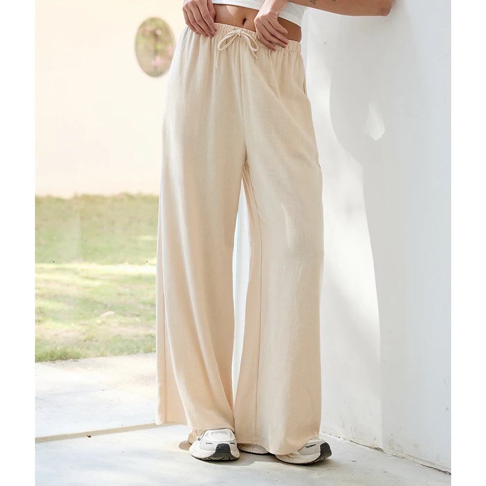 Loose Wide Leg Casual Pants Women's  Korean Linen Office Lady Household Trousers Drawstring Straight Leg Long Pants Femme