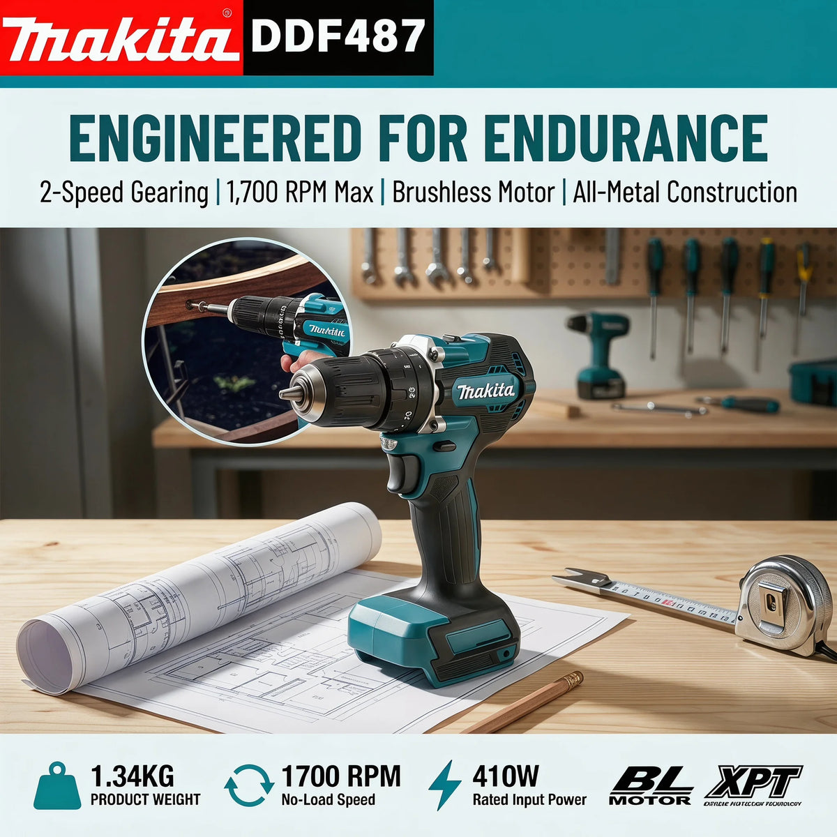 Makita DDF487 18V Brushless Cordless Drill Driver High Torque Screwdriver Compatible With All Makita 18V Lithium Batteries