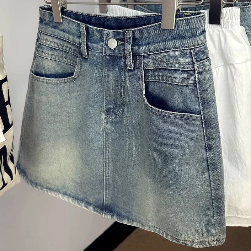 Women's Denim Skirts Vintage High Waisted Slim Fit Washed Jean Mini Skirts for Woman 2025 New Fashion Y2K A-Line Short Skirts