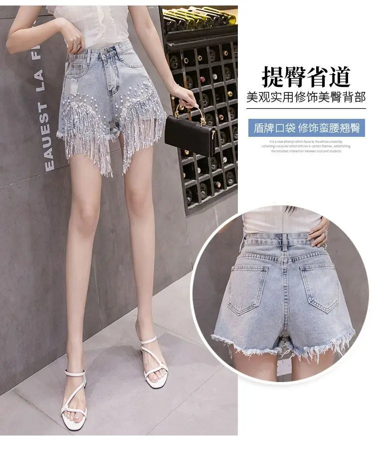 2026 Summer New Personalized Denim Shorts Women's High Waist Diamond Inlaid Heavy Industry sequins Tassel Denim Hot Pants Trendy
