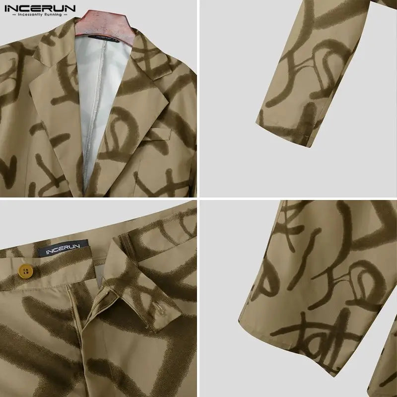 INCERUN Men Sets Printing Lapel Long Sleeve Crop Blazer & Pants Two Pieces Sets Streetwear Personality Fashion Men Casual Suits