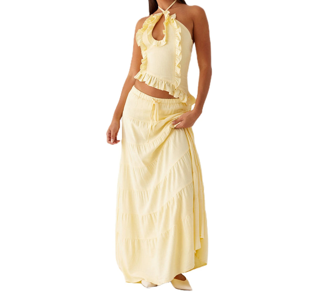 Women Summer Boho 2 Piece Maxi Skirt Sets Y2k Sexy Halter Ruched Cami Tops Tiered Flowy Ruffle Skirts Holiday Beach Outfits