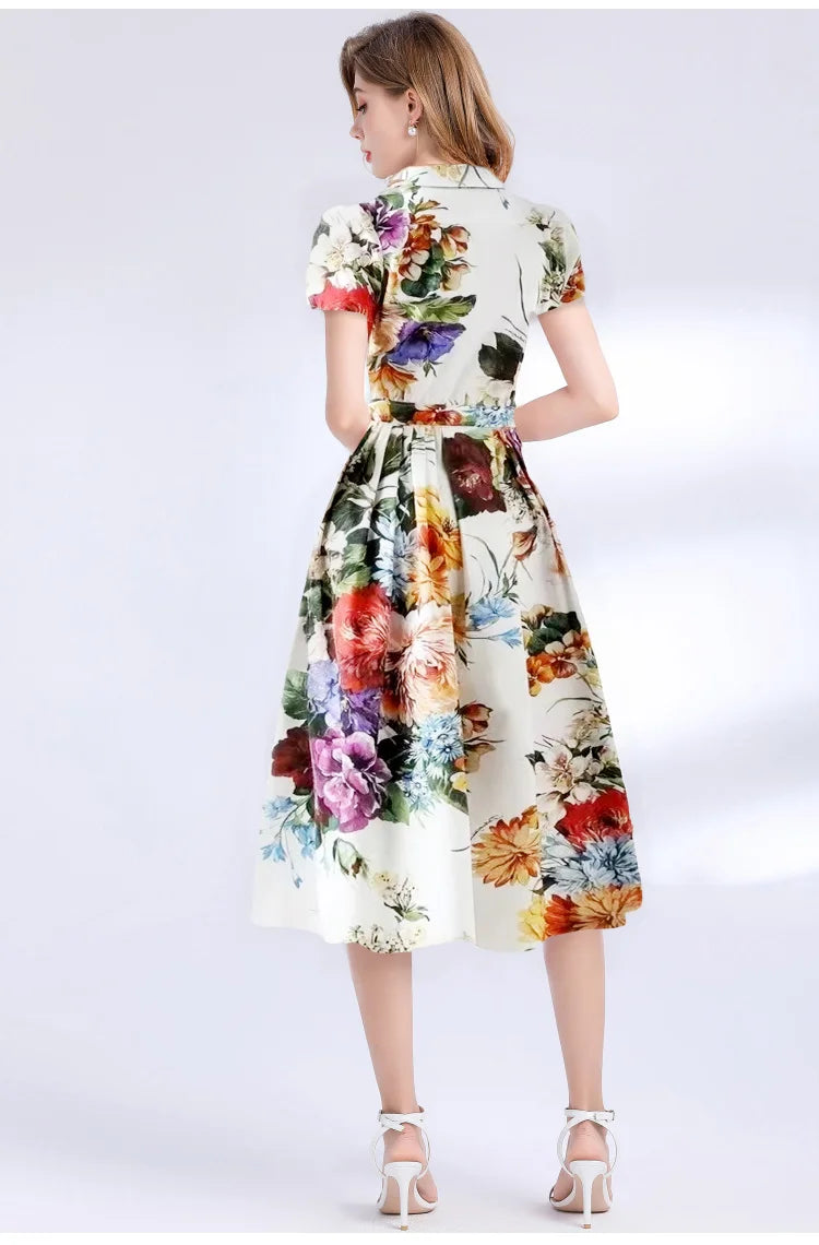 Summer Runway Holiday Flower Shirt Dress Women's Notched V-Neck Short Sleeve Single Breasted A-Line Pleated Midi Vestidos