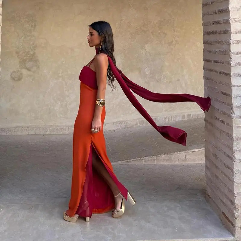 Color Block Twist Bust Slit Maxi Dress Spaghetti Strap Form-Fitting 2026 Summer Fashion Chic Bold Women Wedding Guest Gala Dress