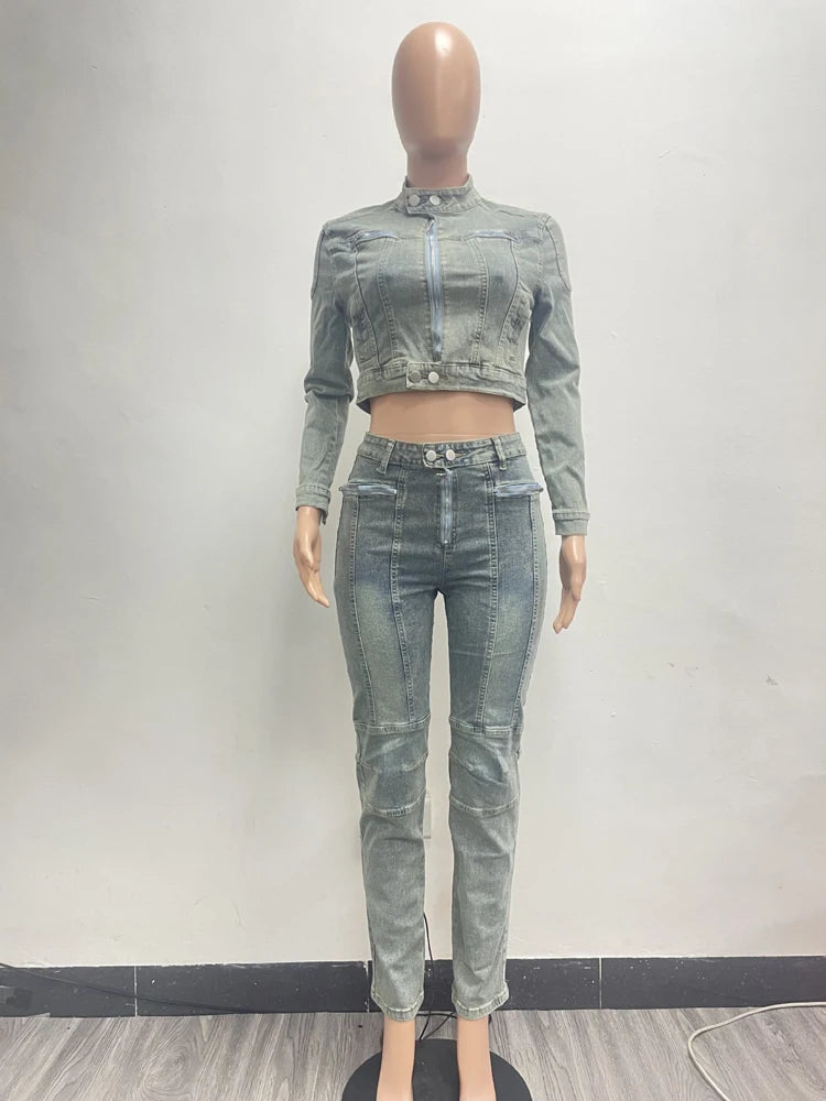 Sexy Denim Women Sets Vintage Wash Stretch Moto Jacket and Skinny Jeans Suit 2025 Fall Streetwear 2 Two Piece Set Outfits