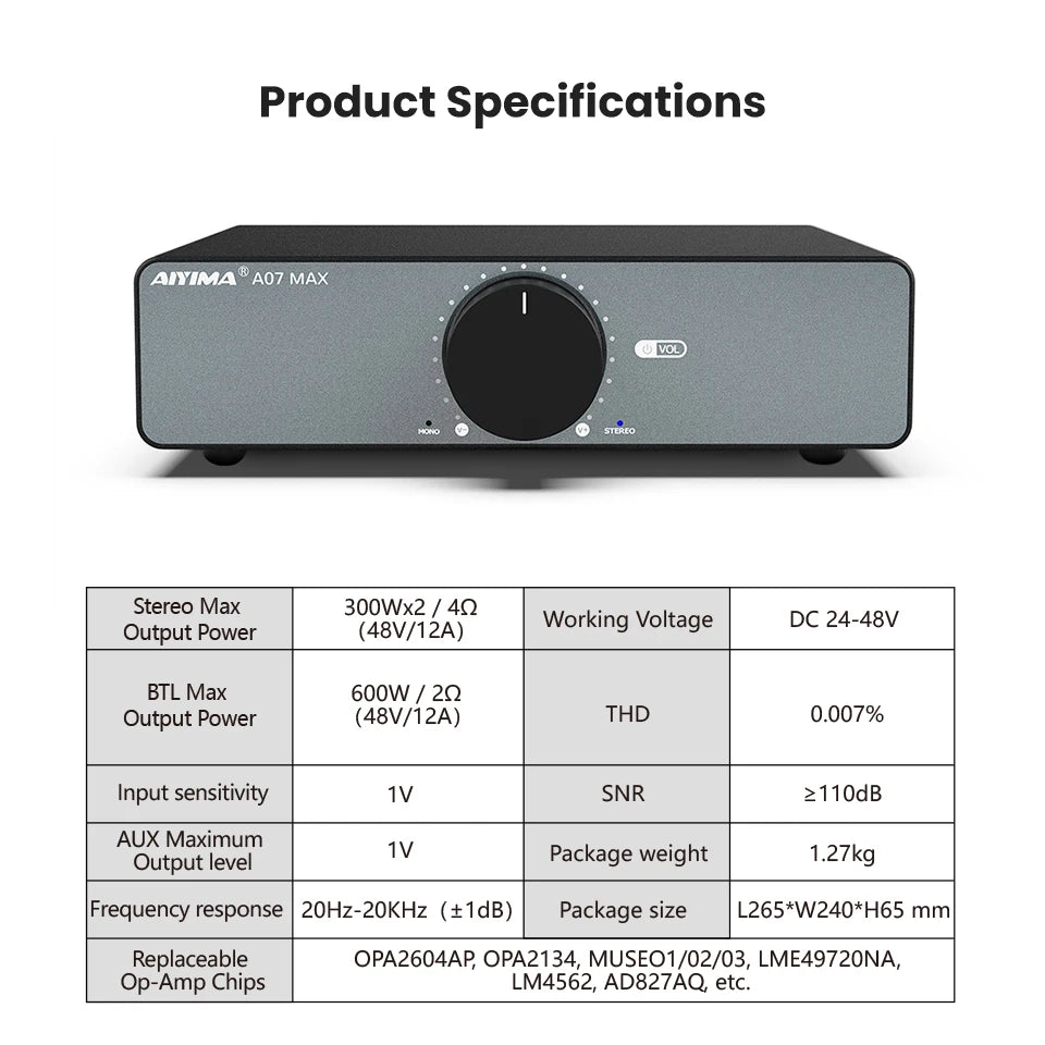 AIYIMA A07 MAX Amplifier Home Audio 300W X2 TPA3255 Class D Power Speaker Amp 2 Channel Bridgeable Mono 600 W Stereo Amplifier